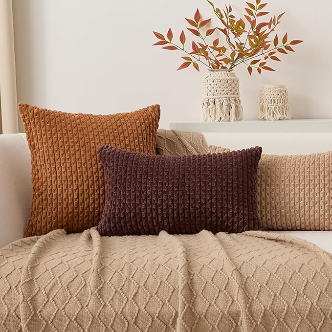 Kevin Textile 16x24 Inch Pillow Cover 1 Pack Boho Decorative Soft Striped Corduroy Lumbar Farmhouse Accent Rectangle Cushion Case for Living Room Couch Sofa Bed, Coffee