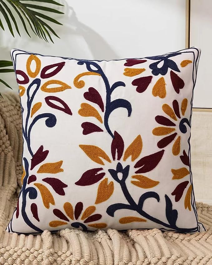 Embroidered Floral Boho Throw Pillow Cover 18x18 Inch - Decorative Cotton Pillow Case for Couch, Sofa, Bedroom, Living Room - Farmhouse Home Aesthetic Housewarming Gifts (Vintage Charm, 18" x 18")