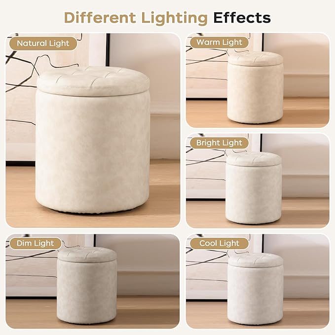 Faux Leather Round Ottoman with Storage 12.6" W x 14.17" H & 14.76" W x 17.32" H Set of 2, Small Boucle Coffee Table Footstool with Removable Lid for Living Room, Bedroom, Beige