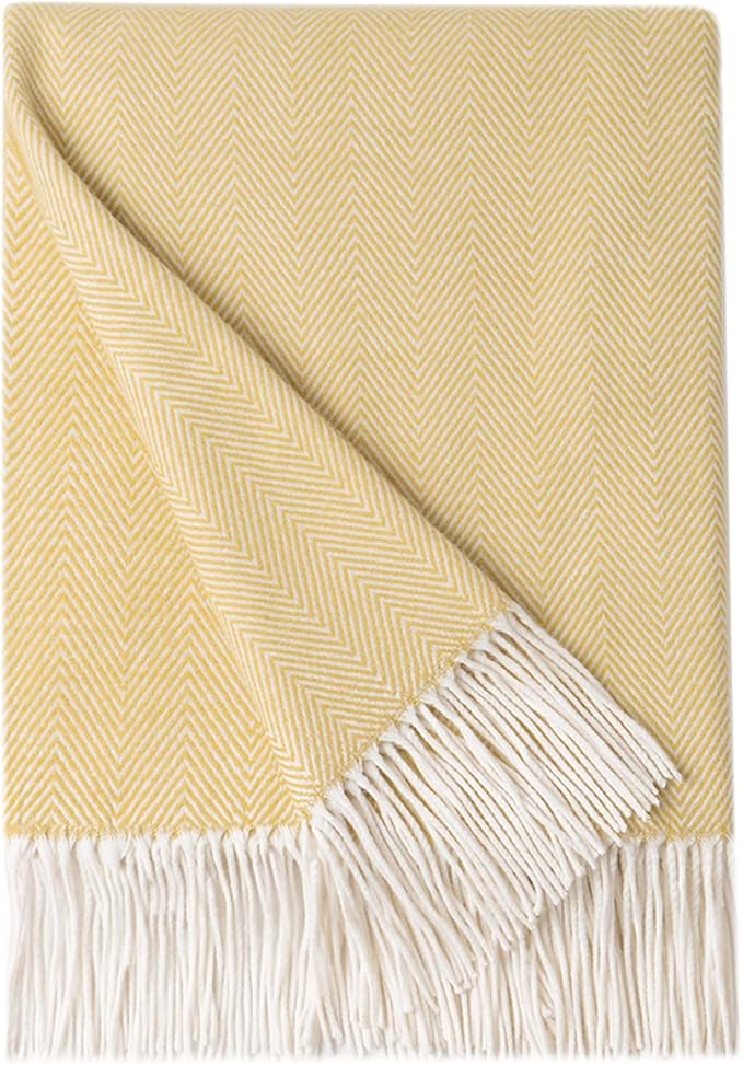 BOURINA Decorative Herringbone Faux Cashmere Fringe Throw Blanket Lightweight Soft Cozy for Bed or Sofa Farmhouse Outdoor Throw Blankets, 50" x 60", Light Yellow