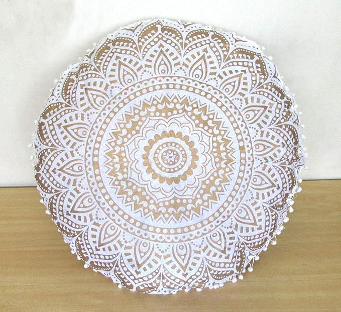32" Gold Mandala Barmeri Large Floor Pillow Cover Cushion Meditation Seating Ottoman Throw Cover Hippie Decorative Zipped Bohemian Pouf Ottoman Poufs, Pom Pom Pillow Cases (White Gold, 32" Round)