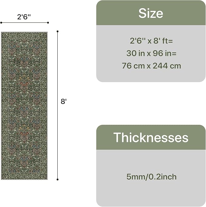 GENIMO Floral Washable Runner Rug 2’6”x8’, Non-Slip Long Hallway Carpet for Entryway, Kitchen, Indoor Floor Use, Vintage Boho Soft Thin Rug Décor, Emerald Green