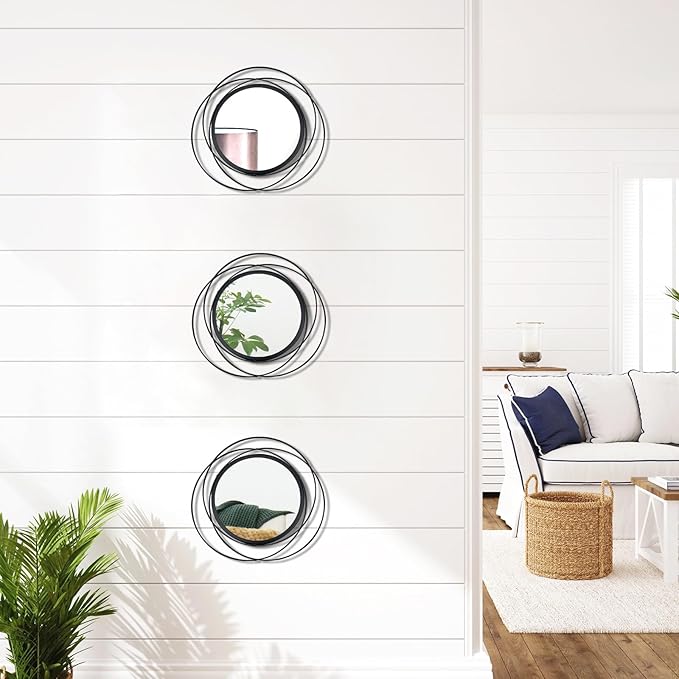 3 Set 9.5 Inch Black Circle Mirrors Wall Decor Iron Frame Wire Mirror Metal Circular Mirror Home Decor Hanging Mirrors for Room/Bedroom/Bathroom/Entryway