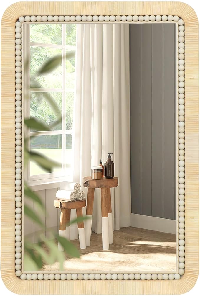 ULIKE Rattan Mirror for Bathroom, 24x36 Inch Rectangle Rustic Farmhouse Wall Decor with Handmade Wicker Frame, Boho Mirror for Nursery Bedroom Living Room Entryway