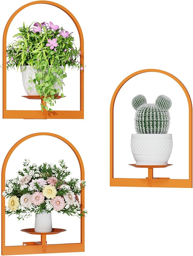 Orange Metal Wall Plant Holder - 3-Pack Wall Mounted Plant Stands and Hanging Holders for Indoor Planter and Flower Pot - Arch Decor Shelf for Plant Storage (Pot Not Included)