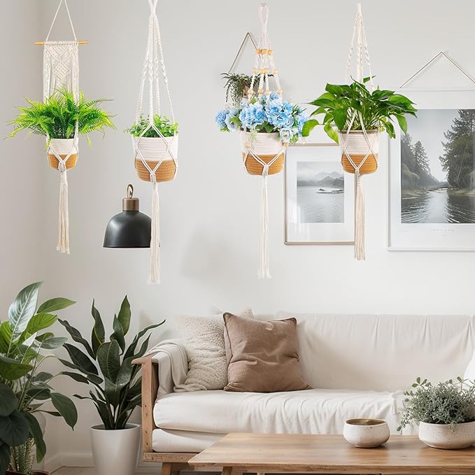 Janinka 7 Pack Hanging Planter Basket Set, Cotton Rope Macrame Woven Plant Hanger, Indoor Plant Boho Hanger Basket, Hanging Wall Plants Flower Pots with Hooks for Outdoor Home Decorations