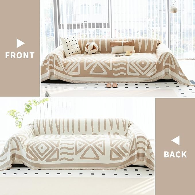 Boho Couch Cover Blanket for Sofa, Boho Chenille Sofas Cover Blanket, Boho Sofa Throw Cover, Chenille Blanket Couch Throw Covers for Recliner Couch Cover Pet Friendly Washable(Khaki, 71"x 71")