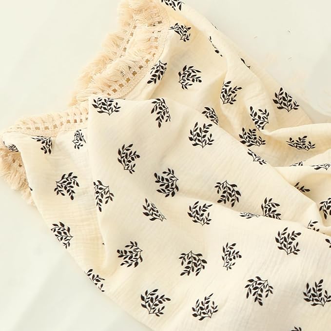 insular Cotton Muslin Baby Blanket with Tassel, Boho Bohemian Muslin Swaddle Blanket Baby Receiving Blanket with Fringe, Nursery Decor Throw or Nursing Blankets, 47" x40”, Black Leaf