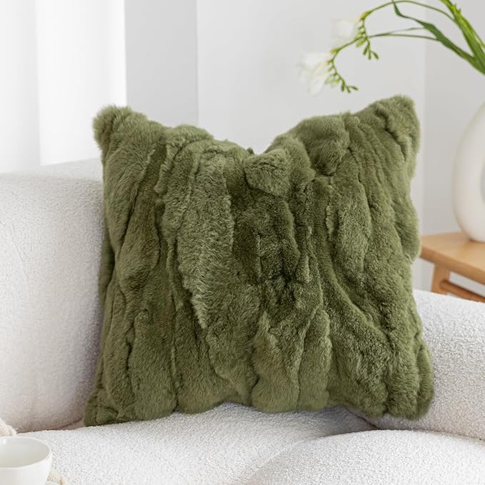 MOOX Rabbit Fur Throw Pillow Covers Decorative Fluffy Soft Fuzzy Plush Luxury Genuine Animal Skin Lumbar Pillow 18"x18" Cushion Cover, Dark Green