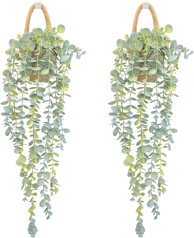 Fake Hanging Plant Decor Indoor, Eucalyptus Artificial Faux Plants in Wall Woven Planters, Jute Hanger with Black Pot Soft Green 2PCS 23Inch Long