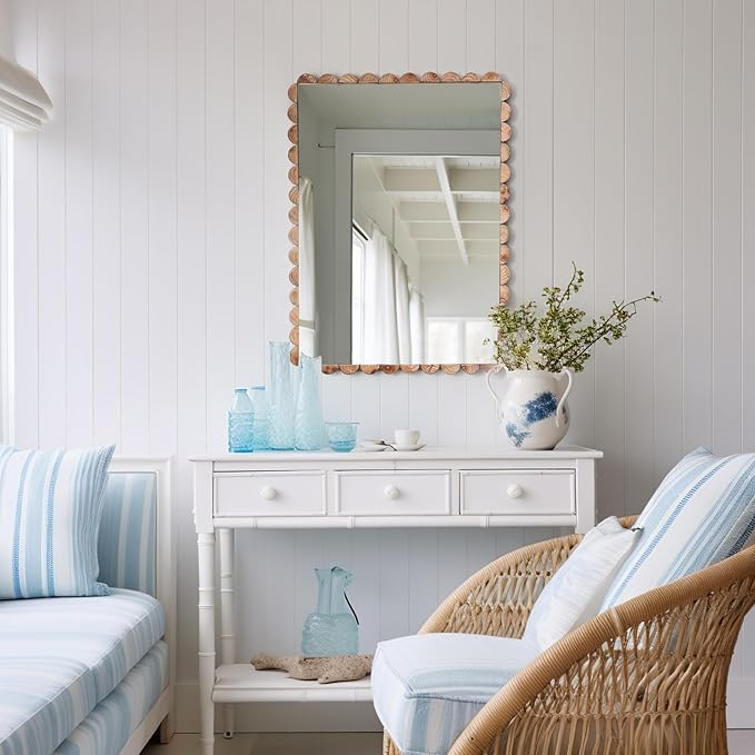 Wavy Mirror Solid Wood,22x30 Boho Bathroom Wooden Natural Farmhouse Scalloped Irregular Country Mirror for Living Room,Bedroom,Entryway