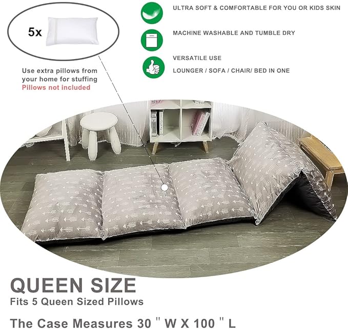 ICOPUCA Floor Lounger Pillow casing for boy Girl, Soft Minky Plush, Cover/Sleeve Only! Perfect Reading and Watching TV Cushion - Excellent for Sleepovers, Queen Size;