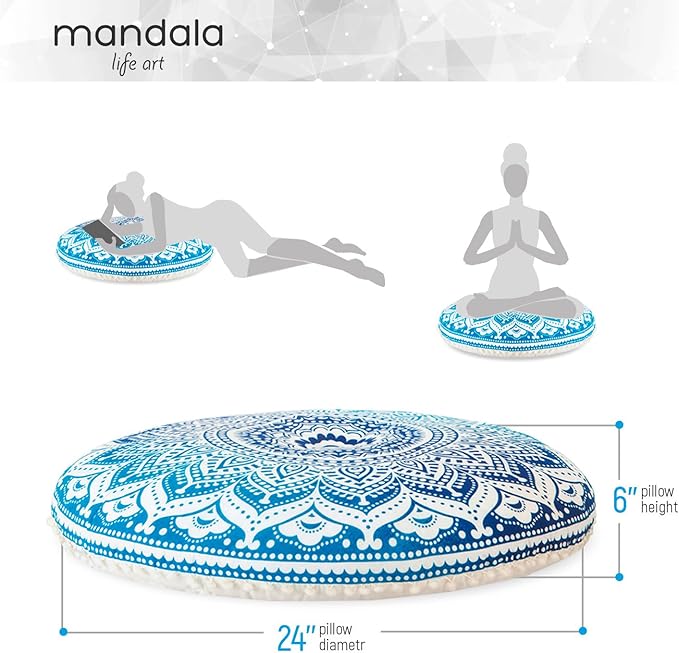 Mandala Life ART Yoga Decor Floor Cushion Cover - Round Meditation Pillow Case - Hand Printed Organic Cotton Pouf