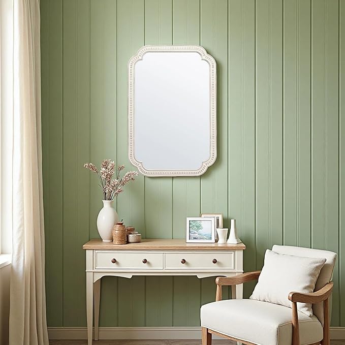 Rustic White Mirrors for Bathroom 24" X 36", Hanging Distressed Finish Carved Wood Scalloped Farmhouse Wall Mirror, Decorative Arched Corner Vintage Mirror, Boho Rectangular Mirrors