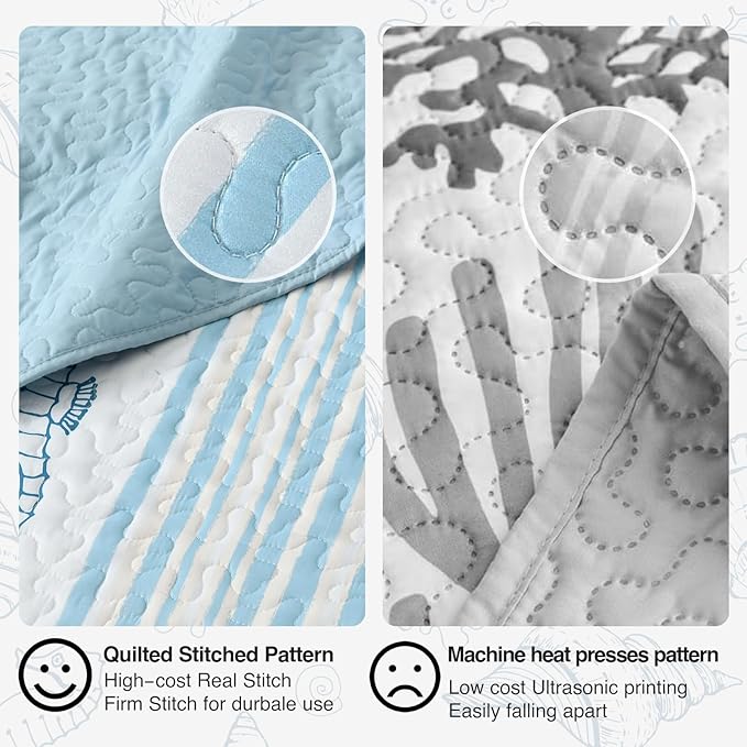HORIMOTE HOME Coastal Quilt Bedding Set King Size, Striped Blue Summer Beach Quilt Lightweight Ocean Nautical Comforter Tropical Bedspread Coverlet with 2 Pillow Shams for All Seasons (106"x96")