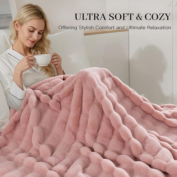 NEXHOME PRO Faux Fur Throw Blanket Pink, Luxury Soft Decorative Cozy Plush Long Shaggy Fluffy Blanket for Sofa Couch Bed Living Room, Reversible Puffy Thick Warm Blanket for Winter, 60"X80"