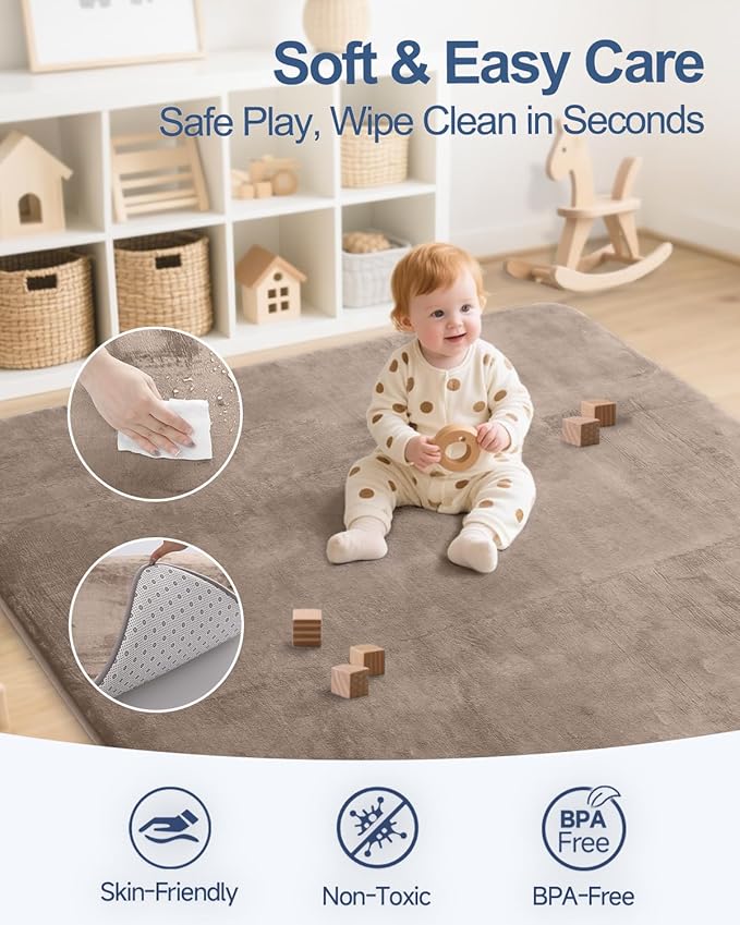 Thick Baby Play Mat for Floor,50 x 50 Playpen Mat,Tummy Time Foam Mats,Ultra Soft Support & Plush Feel,Easy Care with Non-Slip Cushioned for Infant,Kids and Toddler Crawling,Brown