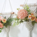 Macrame Wall Hanging, White Cotton Rope with Artificial Dahlia Flowers, 8x23 Inches, Handcrafted Boho Tapestry with LED Lights, Decorative Wall Art for Living Room, Bedroom (Salmon Pink)