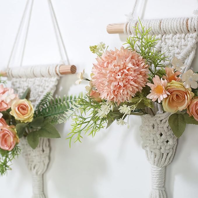 Macrame Wall Hanging, White Cotton Rope with Artificial Dahlia Flowers, 8x23 Inches, Handcrafted Boho Tapestry with LED Lights, Decorative Wall Art for Living Room, Bedroom (Salmon Pink)
