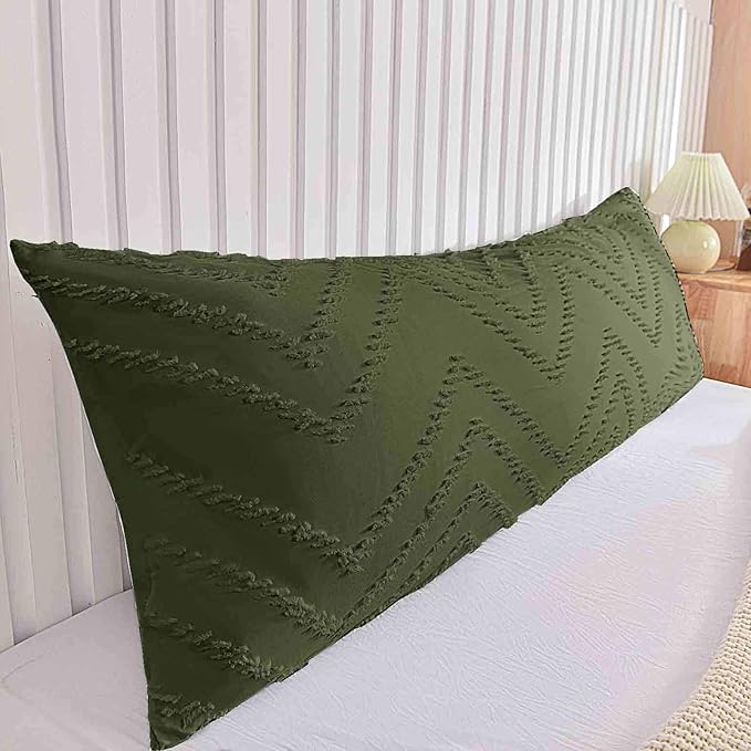 Nanko Body Pillow Case Cover 1 Pack 20x54 with Zipper, Dark Green Tufted Jacquard Boho Shabby Chic Microfiber Extra Long Decorative Pillow Covers/Pillow Shams, Soft Body Pillowcase for Women Men