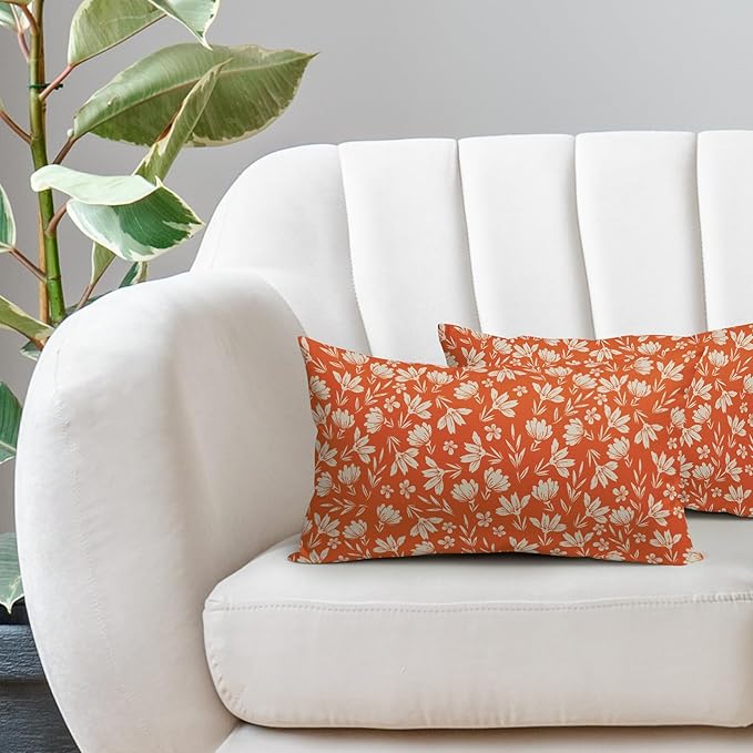 Orange Pillow Covers 12x20 Set of 2 Vintage Floral Rustic Old Style Cute Flower Print Rectangle Decorative Outdoor Pillowcases Seasonal Farmhouse Throw Cushion Case Couch Sofa Bed Decor