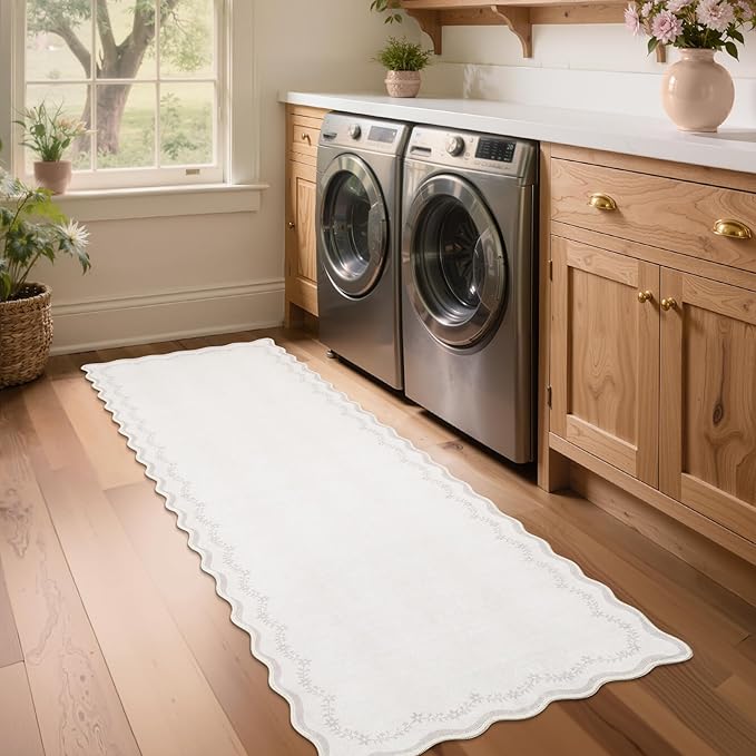 GarveeHome 2.5x8 Scalloped Washable Runner Rug for Kitchen, Soft Neutral Beige Long Hallway Runner Non Slip Entryway Rug Farmhouse Thin Laundry Mat Stain Resistant Carpet for Bathroom Beside Rug