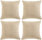 Fancy Homi 4 Packs Tan Decorative Throw Pillow Covers 24x24 Inch for Living Room Couch Bed Sofa, Beige Rustic Farmhouse Boho Home Decor, Soft Plush Striped Corduroy Square Cushion Case 60x60 cm