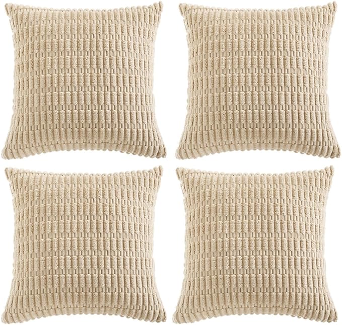 Fancy Homi 4 Packs Tan Decorative Throw Pillow Covers 24x24 Inch for Living Room Couch Bed Sofa, Beige Rustic Farmhouse Boho Home Decor, Soft Plush Striped Corduroy Square Cushion Case 60x60 cm