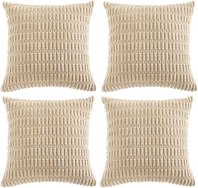 Fancy Homi 4 Packs Beige Decorative Throw Pillow Covers 20x20 Inch for Living Room Couch Bed Sofa, Tan Rustic Farmhouse Boho Home Decor, Soft Plush Striped Corduroy Square Cushion Case 50x50 cm