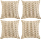 Fancy Homi 4 Packs Tan Decorative Throw Pillow Covers 16x16 Inch for Living Room Couch Bed Sofa, Beige Rustic Farmhouse Boho Home Decor, Soft Plush Striped Corduroy Square Cushion Case 40x40 cm