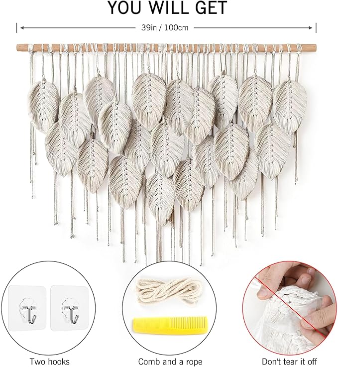 LOMOHOO Macrame Wall Hanging Boho Beige Leaves Tapestry Bohemian Handmade Woven Wall Art Decoration for Bedroom Living Room Apartment Dorm Gallery Perfect Handmade Gift Ideas