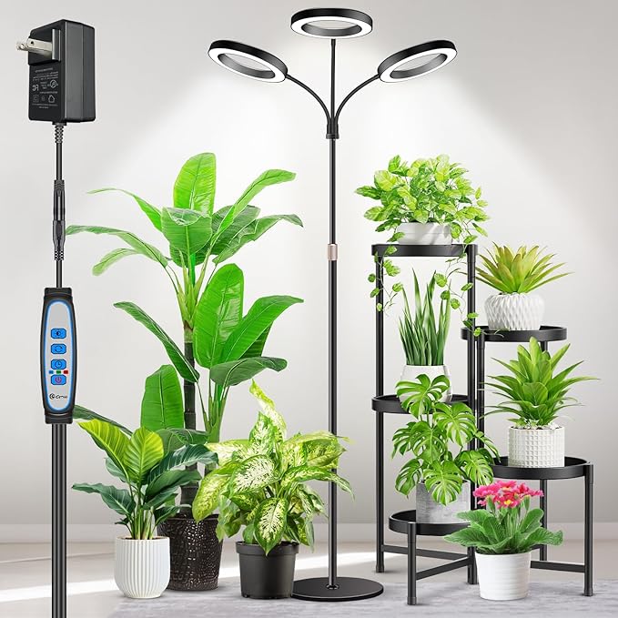 Grow Lights for Indoor Plants, 3 Head Full Spectrum Plant Light with 68" Adjustable Stand for Growing Large Tall Plants, Black Halo Floor LED Grow Lamp with 16 Hour Timer