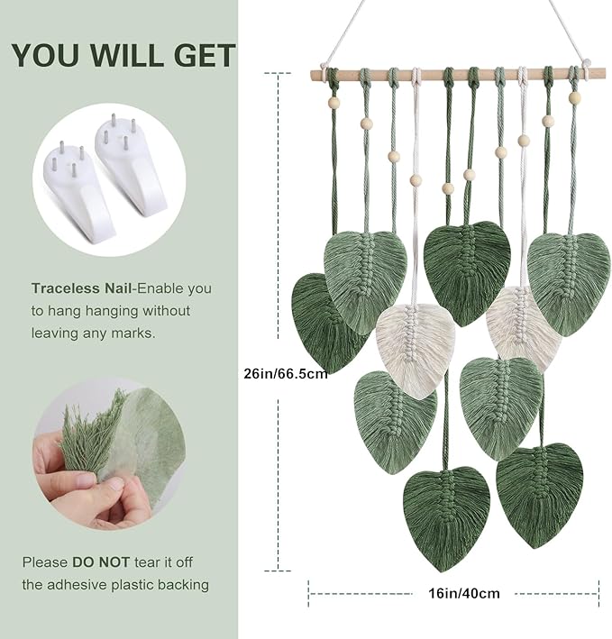 EaseMyKit Macrame Wall Hanging Leaves Tapestry, Boho Wall Decor Woven Feather Handmade Yarn Tassels Leaf Wall Art Decorations for Nursery, Bedroom, Office,Living Room,16x26 Inch(Green)
