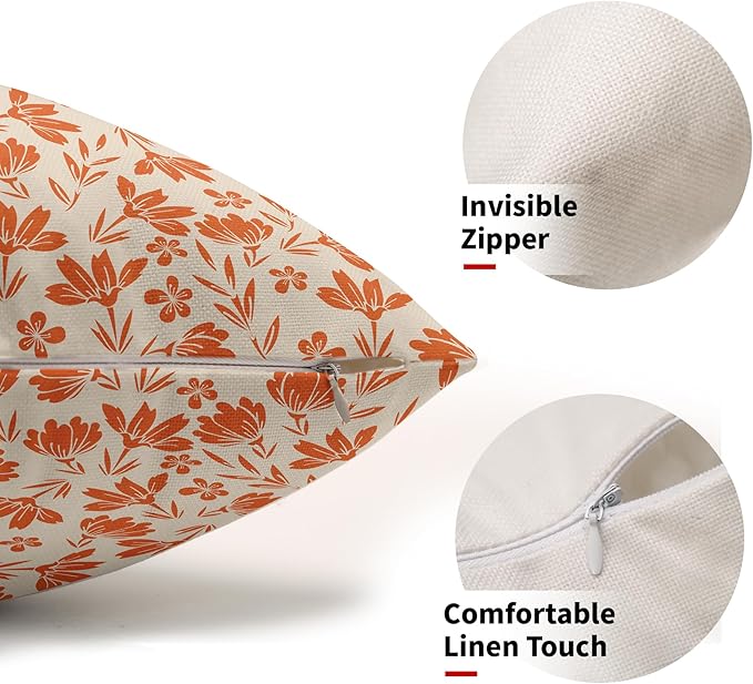 Orange Floral Pillow Covers 12x20 Set of 2 Vintage Rustic Old Style Cute Flower Cream Print Rectangle Decorative Outdoor Pillowcases Fall Farmhouse Throw Cushion Case Couch Sofa Bed Decor