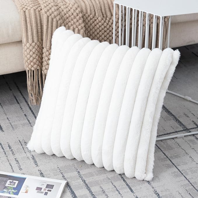ZLINA Set of 2 Cream White Faux Fur Decorative Throw Pillow Covers Fluffy Striped Pillowcase Cushion Covers 24 x 24 Inch Decor Sofa Couch Bedroom