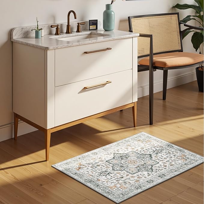 Lessymo Washable 2×3 Small Area Rugs for Entryway Bathroom, Soft Kitchen Rug Non-Slip Carpet Indoor Door Mat for Floor, Vintage Boho Low Pile Rugs for Entry Bedroom Nursery Home, Grey/Brown