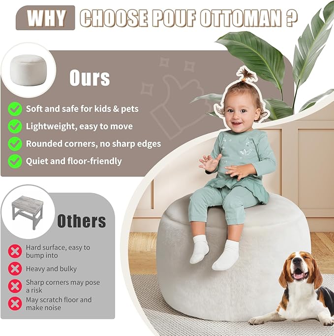Round Stuffed Pouf Ottoman for Foot Rest, A Round Modern Foam Filled Poufs, Floor Chair for Living Room, Nursery, Dorm, A Soft Modern Foot Stool Perfect to Rest Your Feet (White, 20Inch)