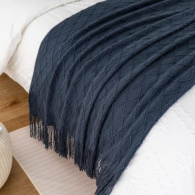 BATTILO HOME Navy Blue Throw Blanket with Fringe, Geometric Bed Blue Throws, Spring Decorative Large Throw for Couch Sofa Indoor Outdoor, 52"x80"
