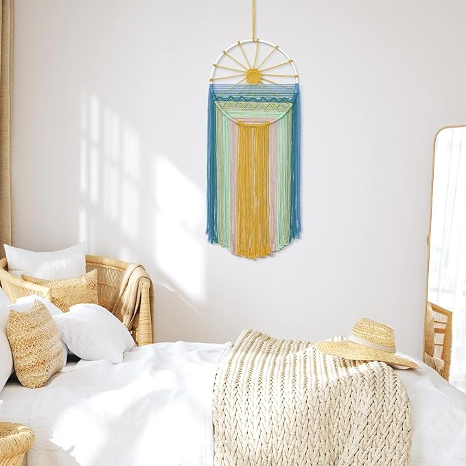 MEIVINES Macrame Wall Hanging,11.8x27.6 Inches Boho Sun Wall Art Decor,Woven Hanging Tapestry Tassels Handmade Colorful Tapestry for Bedroom Living Room Nursery Apartment