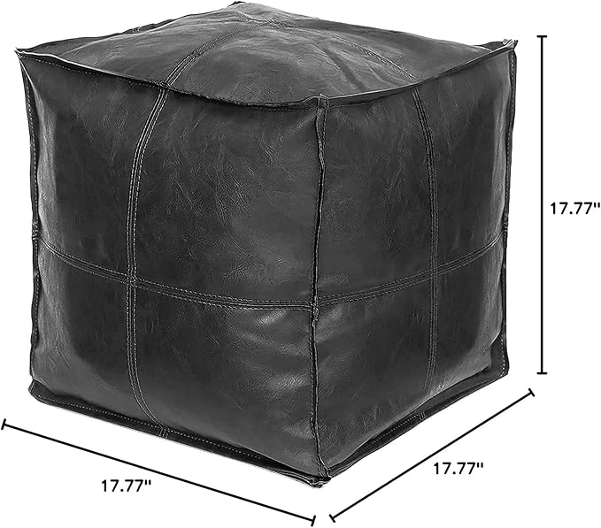 Louis Donné Square Unstuffed Pouf Ottoman Cover - Waterproof Faux Leather Footstool for Living Room, Modern Black Floor Cushion with Storage, Easy Clean, 18 Inch (Cover Only)
