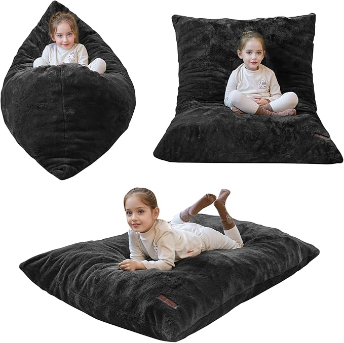 MAXYOYO 3 in 1 Kids Bean Bag Chair Bed, Child Floor Sofa for Gaming, Reading, Faux Fur Floor Mattress with High-Density Foam Filling for Living Room Bedroom
