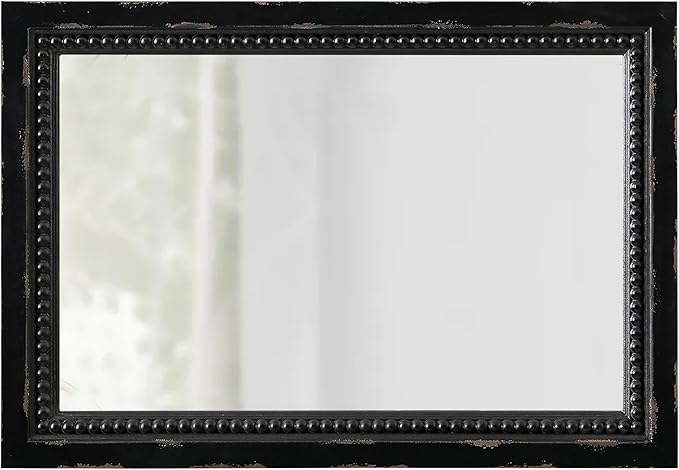 Rustic Black Mirror with Beaded Detailing 29 X 20 Inch, Wall Hanging Distressed Wood Frame Rectangular Gothic Wall-Mounted Mirrors for Living Room Bathroom Entryway, Horizontal or Vertical