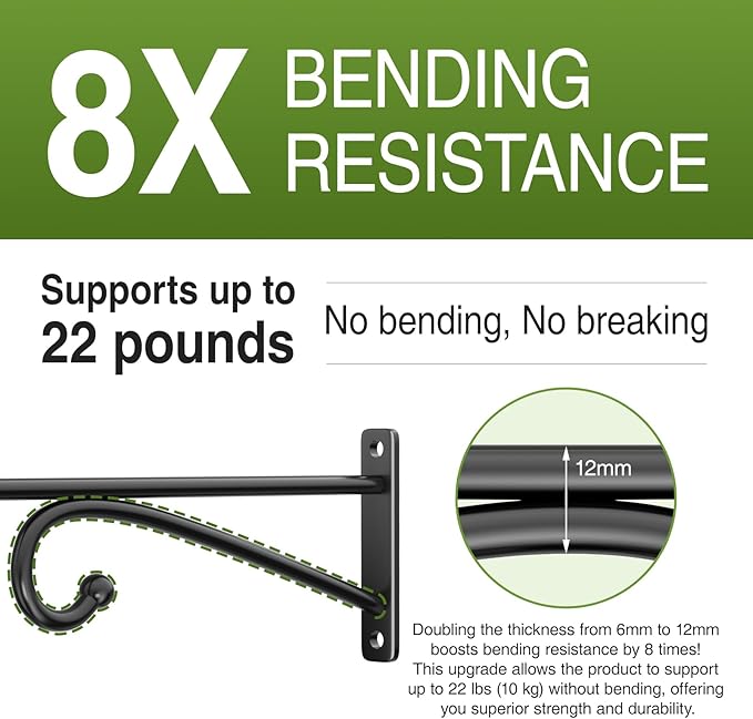 12" Plant Hanger Hook Outdoor Indoor – Planter Hooks for Hanging Plants, Plant Wall Hooks, Brackets for Hanging Plants, Baskets, Wind Chimes, Bird Feeders, Lanterns, Bird Houses (Black, Metal, 2-Pack)