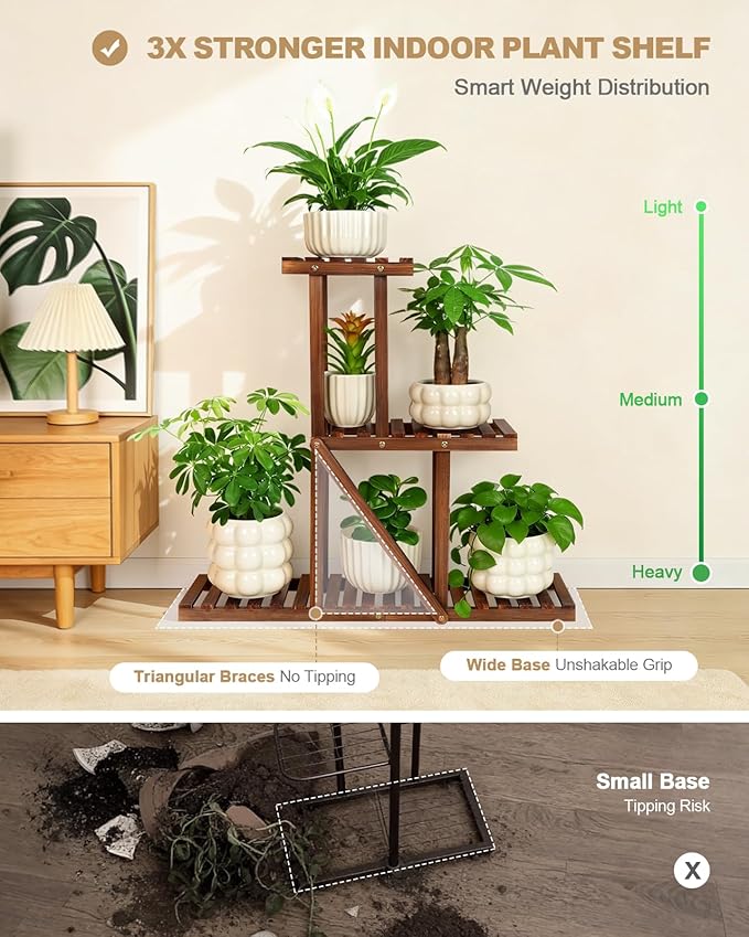 3 Tiered Narrow Wooden Indoor Plant Stand Shelf for Multiple Plants ,Flower Stand Shelf Outdoor ,Floor Standing Plant Holder Rack for Living Room Patio Porch Garden Apartment Office,Rustic,Space Saver