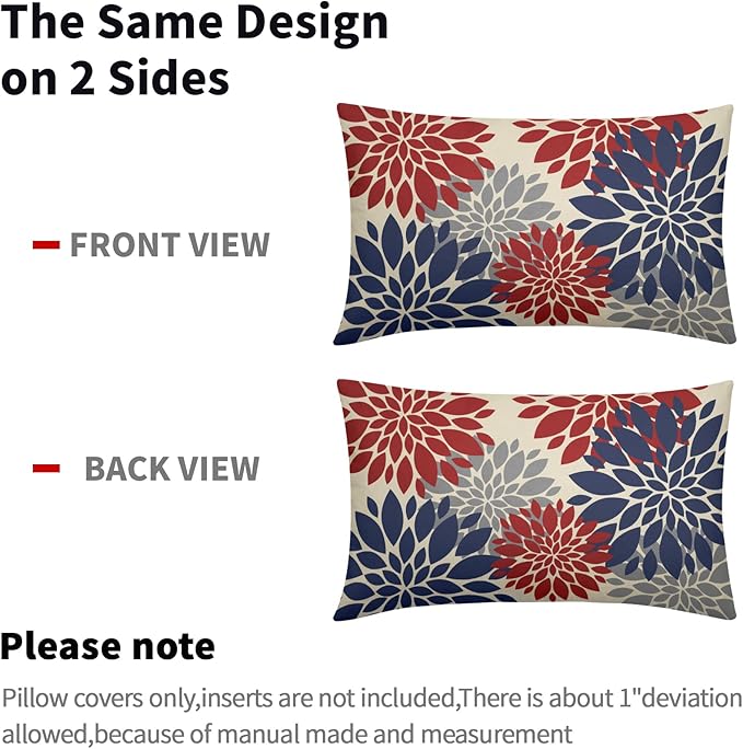 4th of July Pillow Covers 12X20 Inch Set of 2, Patriotic Blue Red Grey Dahlia Floral Print Holiday Decorative Rectangle Throw Pillow Covers Outdoor Farmhouse Cushion Case for Couch Sofa Bed Decor