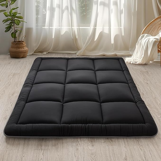WhatsBedding Japanese Floor Mattress Futon Mattress 3" Black Tatami Mat Shredded Memory Foam Filled Sleeping Pad, Foldable & Portable Roll Up Lounger Camping Bed for Kids and Adult,Full Size 54"x 80"