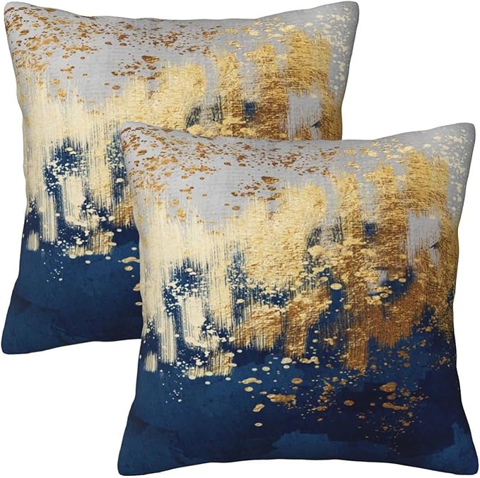Navy Blue and Gold Pillow Covers 18 x 18 inch Set of 2 Decorative Cushion Covers Blue and Gold Square Pillowcases for Bedroom Sofa Home Decor
