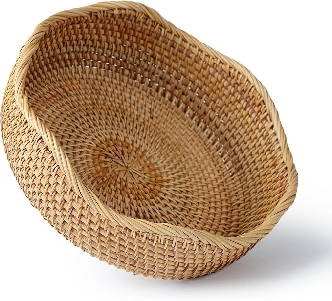 10.2” Fruit Basket, Wicker Basket Rattan Fruit Bowls, Small Decorative Bread Baskets, Handwoven Storage Basket, Natural Woven Serving Bowls Kitchen Counter Organizing Dining Room Snack Vegetable