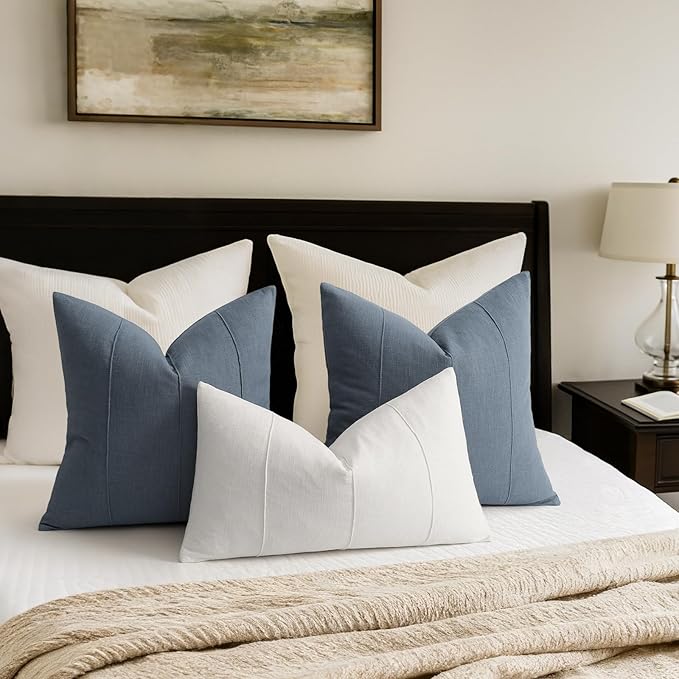 ZWJD Decorative Linen Throw Pillow Covers 26x26 Set of 2 Solid Handcrafted Striped Cushion Covers for Bed Soft Modern Farmhouse Neutral Pillowcase for Couch Bedroom Living Room Home Decor(Slate Blue)