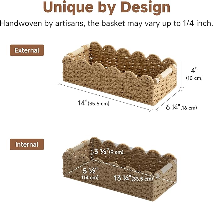 StorageWorks Toilet Paper Storage Basket, Living Room Organizers and Storage, Toilet Paper Basket with Wooden Handles, Small Paper Rope Scalloped Basket, Brown